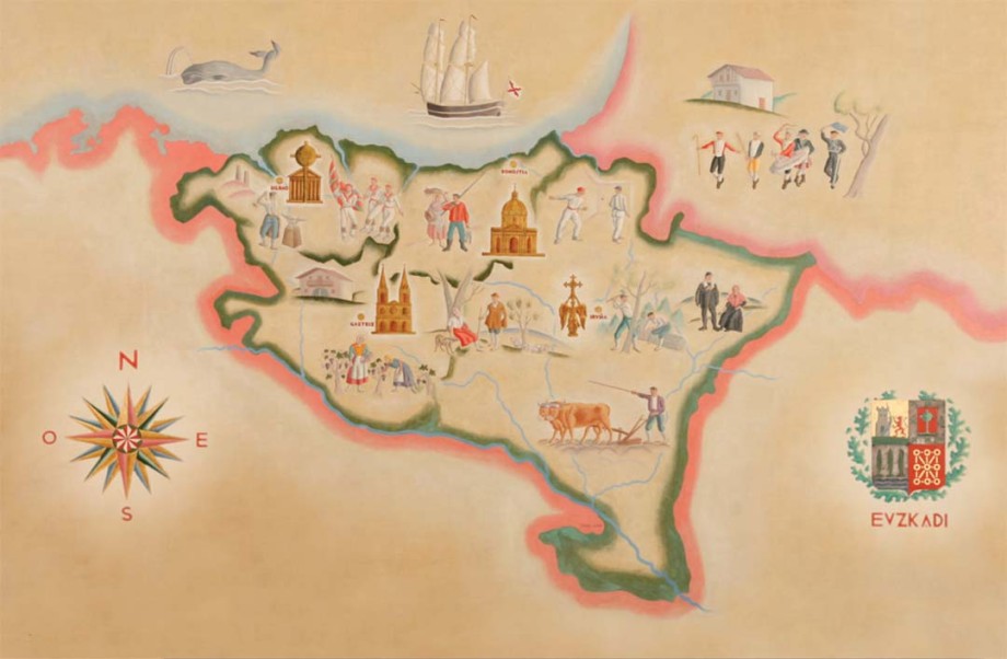 Museo del Nacionalismo Vasco - Óleo sobre lienzo: Mapa de Euskadi, con edificios emblemáticos y tradiciones vascas