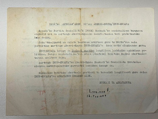 Museo del Nacionalismo Vasco - Aberri Eguna 1966 - Hoja volandera de ETA